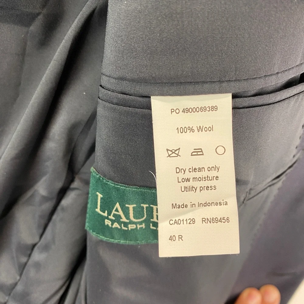 Lauren Ralph Lauren Gold Button Wool Blazer Mens 40R Navy Blue Two-Button Jacket